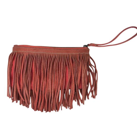 Fringed Coral Suede Wristlet Pouch Purse Western American Eagle AEO Hippie - Picture 3 of 10